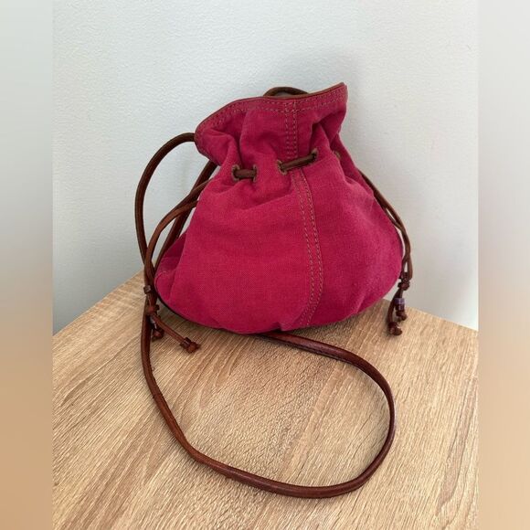Vintage Y2k Lucky Brand Red Canvas & Leather Tote Bucket Bag Crossbody Purse - Picture 1 of 14